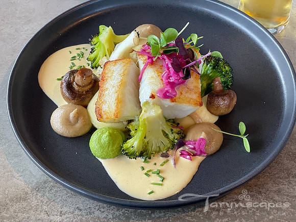 Cod placed on a creamy sauce surrounded by broccoli, mushrooms and pickled radishes.