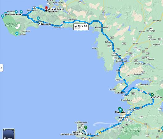 Keflavik to Grundarfjörður route. 4hr 3 min, 304 kilometers