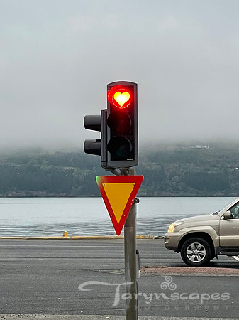 Vertical stoplight with a red heart for stop at the top.