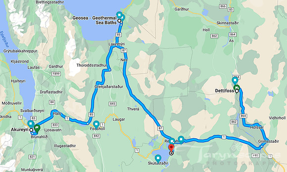 Map from Akureyri-Husavik-Myvatn-Dettinfoss