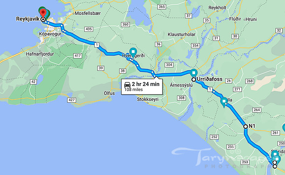 Map to Reykjavik 2h 24min, 108 miles