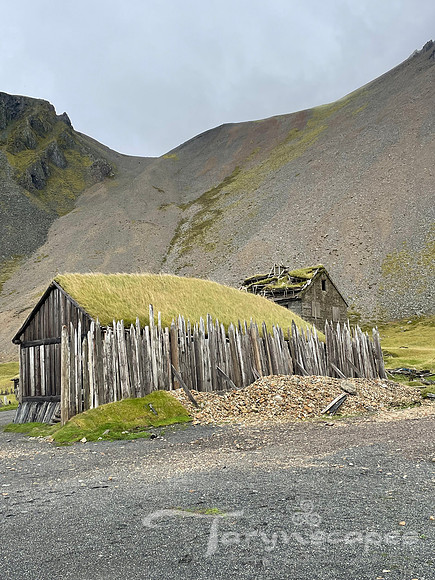 rustic log structure with a grass roof