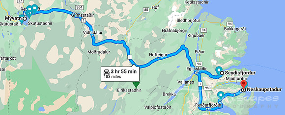 Myvatn to Seydisfjordur to Neskaupstadur map. 3hr 55 min, 183 miles