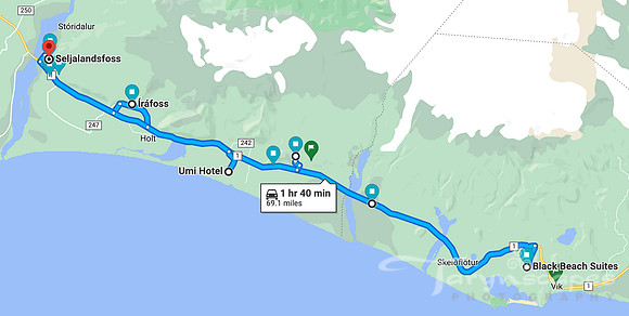 Black Beach suites to Seljandafoss map. 1h 40 min 69.1 miles