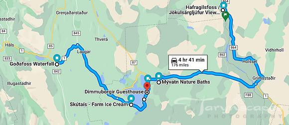 Godfoss to Dettifoss to Myvatn map. 4hr 41 min, 176 miles