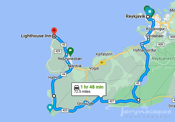 Roundabout way from Reykjavik to Lighthouse Inn near Keflavik airport map. 1hr 48min, 72.8 miles