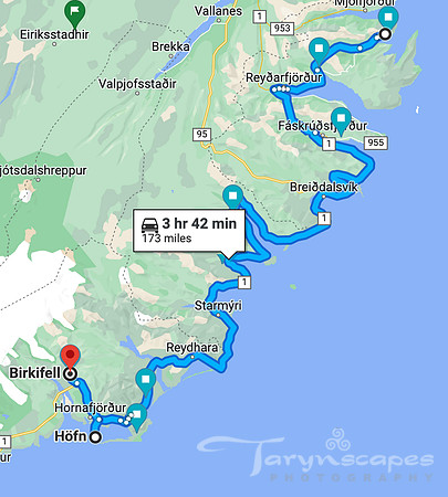 Neskaupstadur along the cost to Birkifell map. 3h 42 min 173 miles