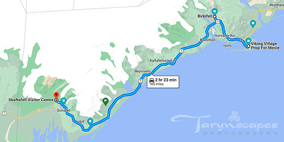Birkifell to Viking Village to Skaftafell Visitor center map. 2h 23 min, 105 miles