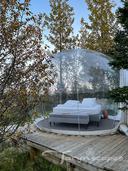Clear bubble on a wood platfoorm with a bed and lamp inside, surrounded by trees