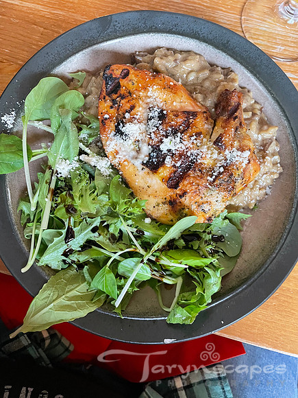Chicken, rice and greens.